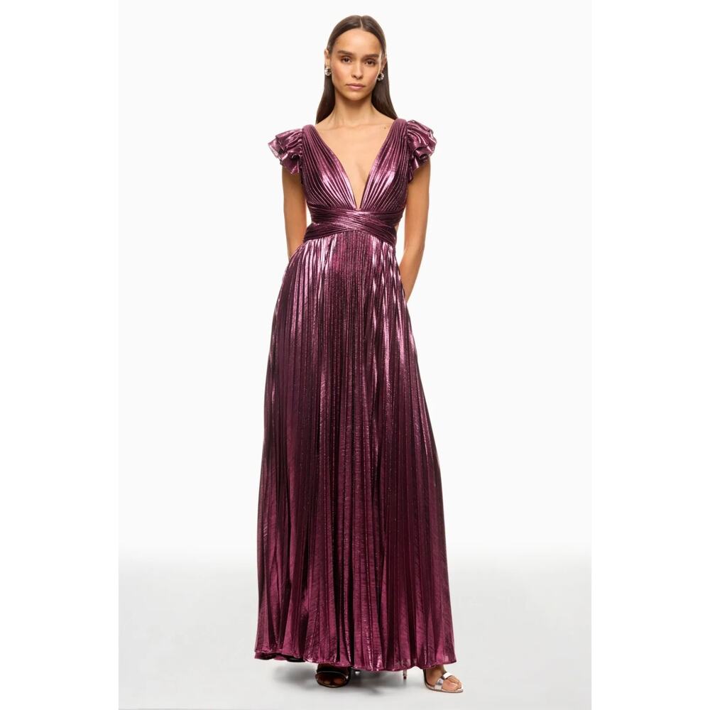 Ieena for Mac Duggal Ruffle Sleeve Metallic Gown Pleated Lace-Up Back Dress 12